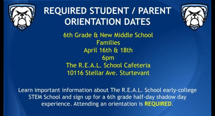 6th grade and New Middle School Families Orientation Dates